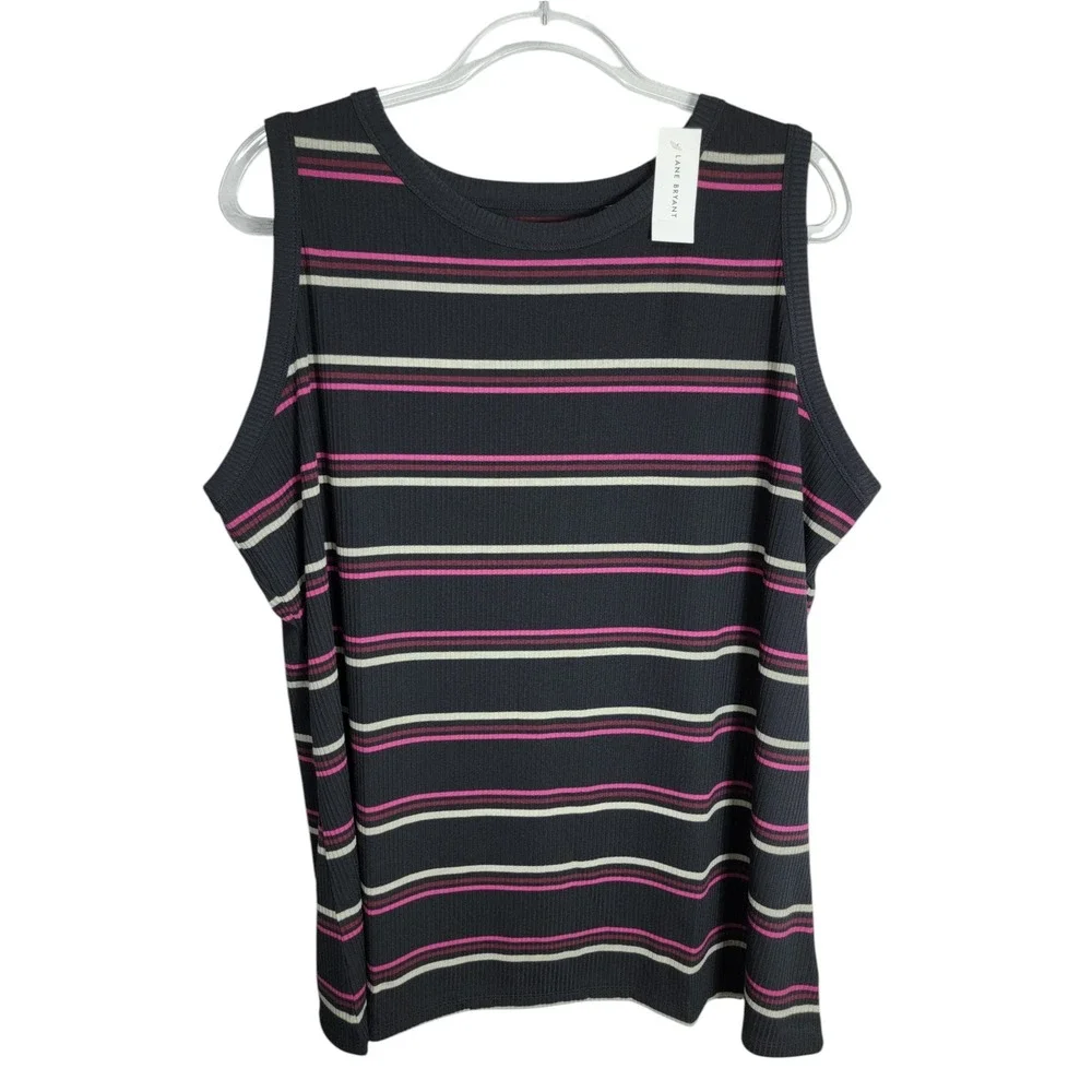 Lane Bryant Womens 26/28 Tank Top Black Striped Ribbed Knit Sleeveless NWT